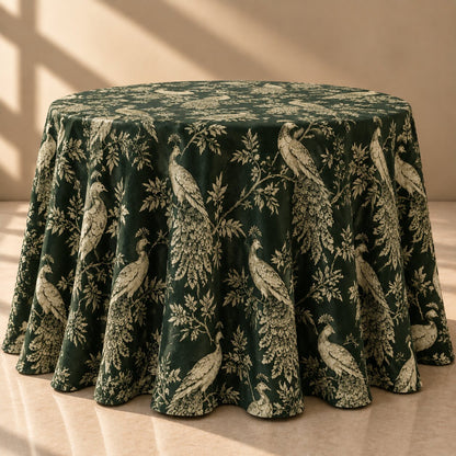 Emerald Green Peacock Toile Round Tablecloth – Luxury Printed Dining Linen - L15