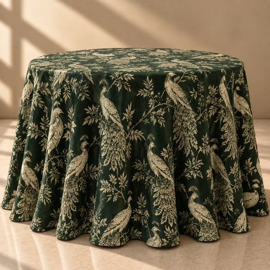 Emerald Green Peacock Toile Round Tablecloth – Luxury Printed Dining Linen - L15