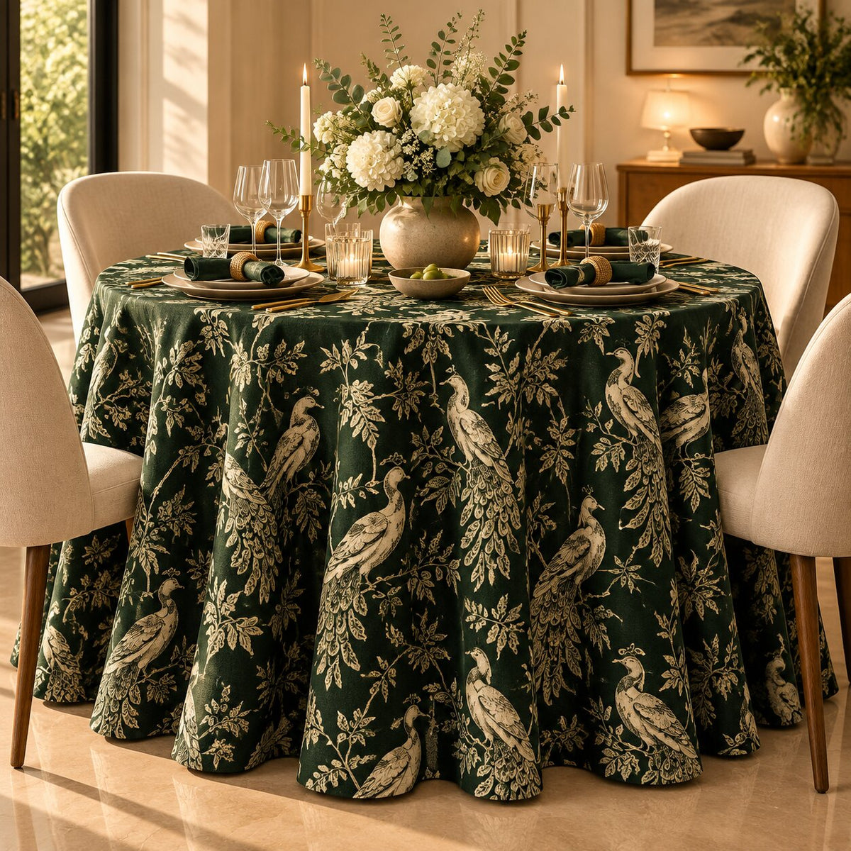 Emerald Green Peacock Toile Round Tablecloth – Luxury Printed Dining Linen - L15