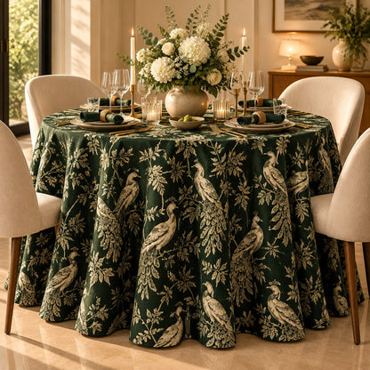 Emerald Green Peacock Toile Round Tablecloth – Luxury Printed Dining Linen - L15