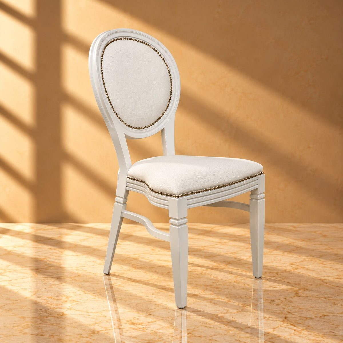 White Louis XVI Dining Chair – Classic French Provincial Chair with Studded Detail & Padded Seat - C05