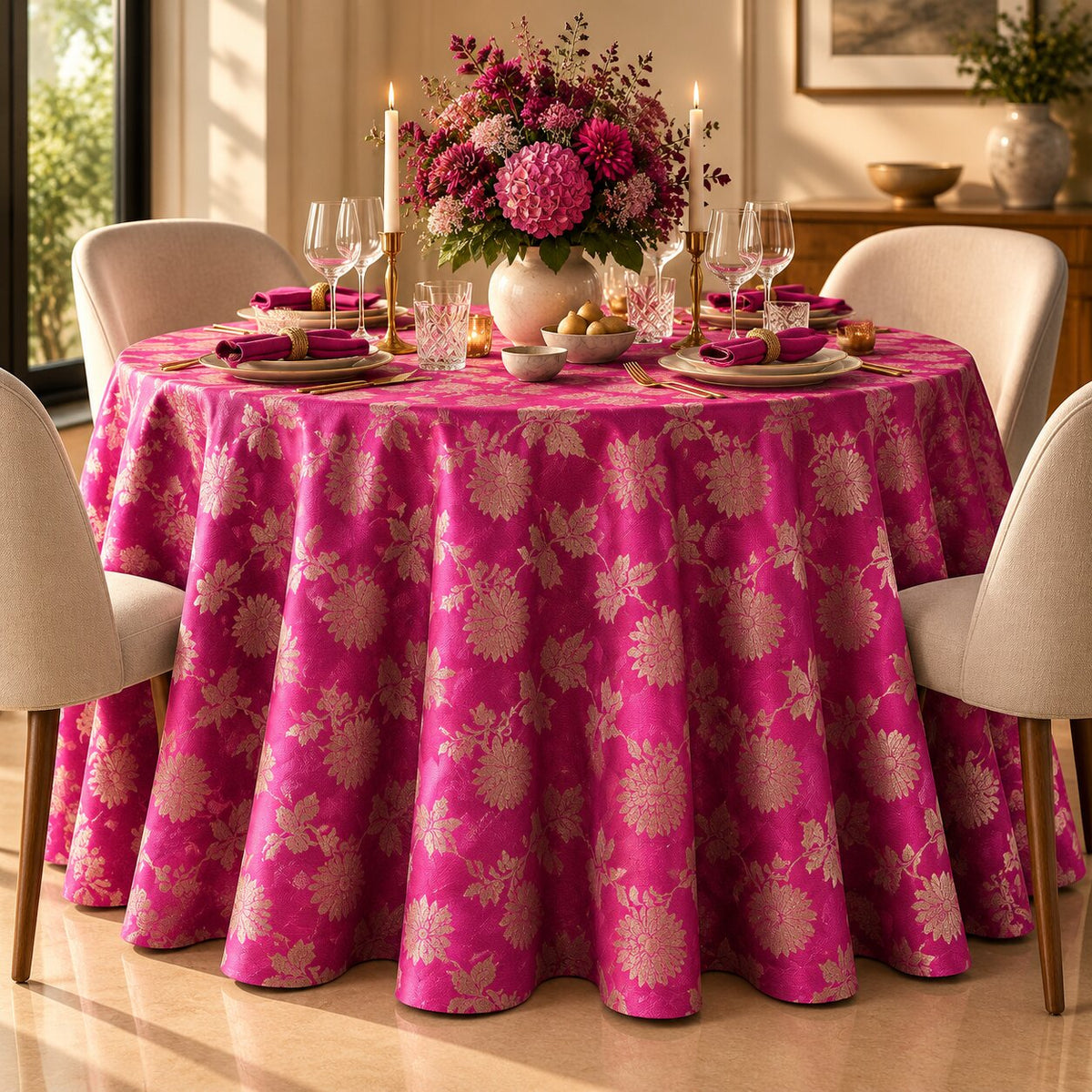 Magenta Pink Floral Jacquard Round Tablecloth – Luxury Patterned Dining Linen - L14