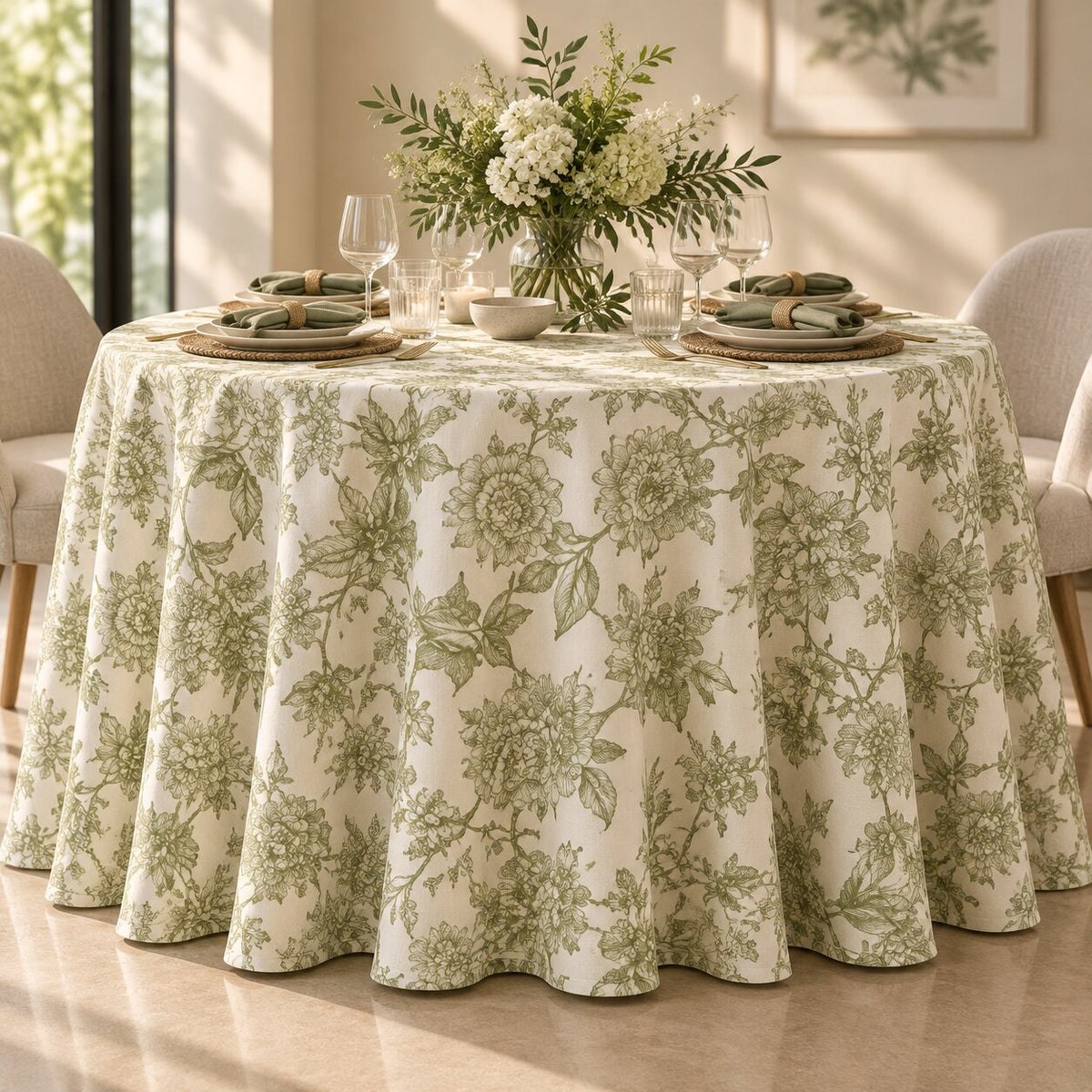 Olive Blossom Sketch Tablecloth | Modern Dry Hire for Linens - L05
