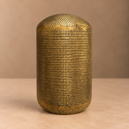 Etched Brass Capsule Vase – Modern Pill-Shaped Vessel with Geometric Cross-Hatch Detail - U05