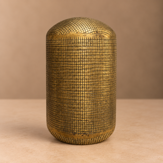 Etched Brass Capsule Vase – Modern Pill-Shaped Vessel with Geometric Cross-Hatch Detail - U05