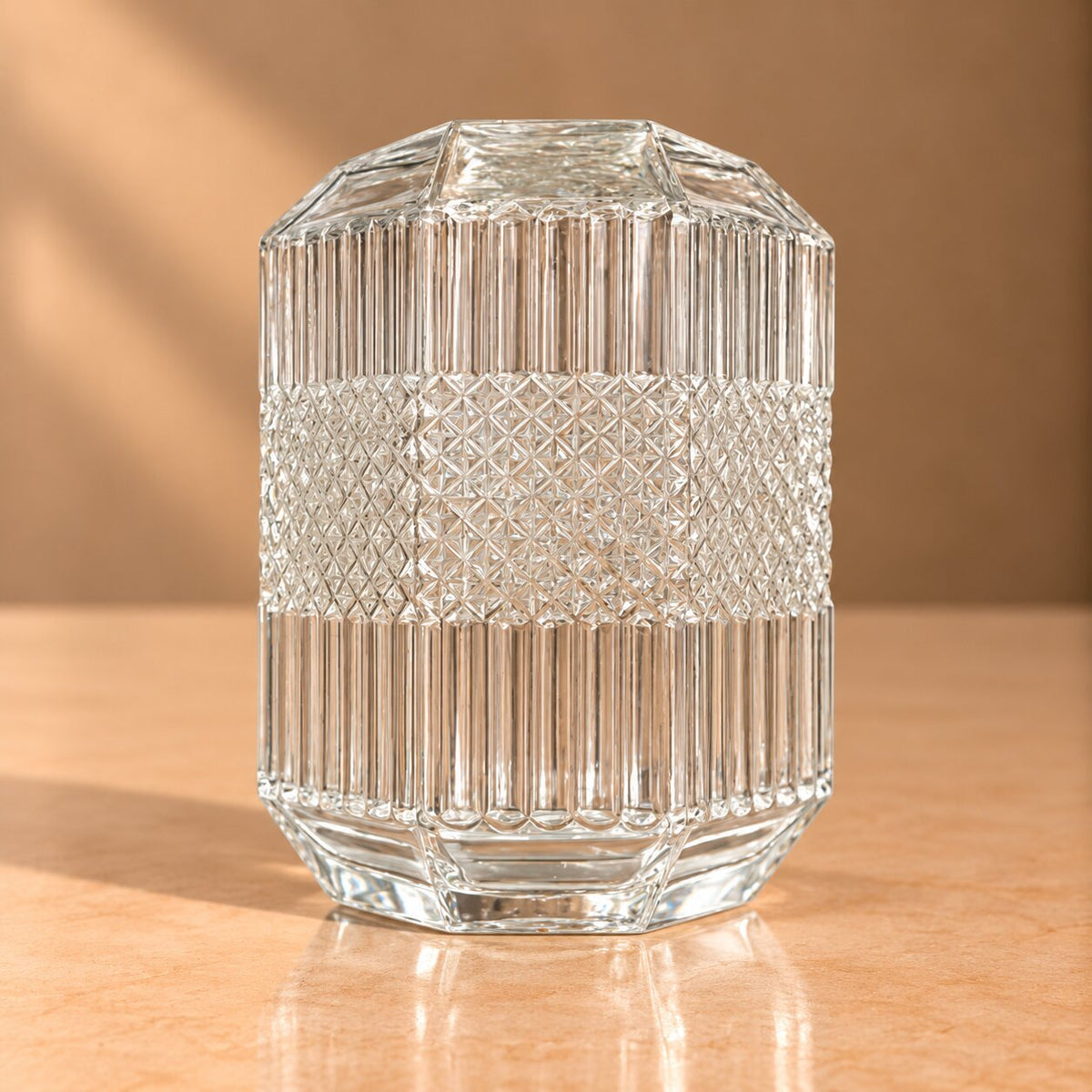 Mixed Texture Glass Vase – Clear Geometric Cut Crystal-Style Vessel - BV10