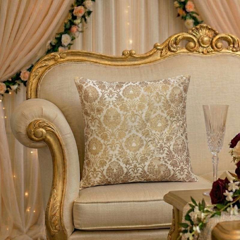 Gold Brocade Cushion Covers – Luxury Champagne Floral Damask Pillows - CU15
