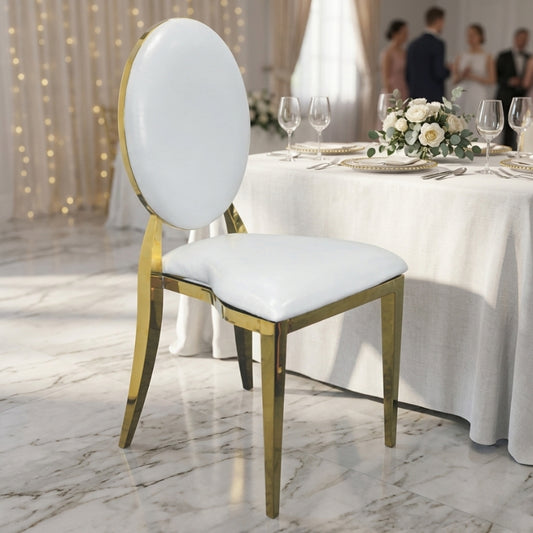 Gold Louis Chair – Luxury Stainless Steel Dining Chair with White Oval Back Padded Seat - C03