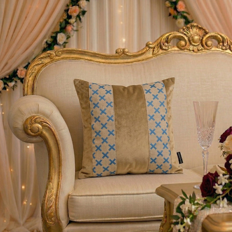 Gold and Blue Geometric Cushion Covers – Luxury Embroidered Cross Pattern Pillows - CU05