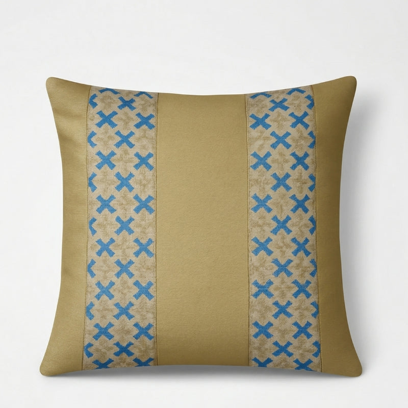 Gold and Blue Geometric Cushion Covers – Luxury Embroidered Cross Pattern Pillows - CU05