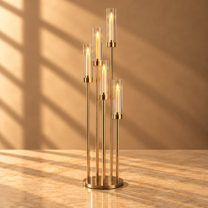 Gold 5-Arm Floor Candelabra with Hurricane Glass – Modern Standing Candle Holder