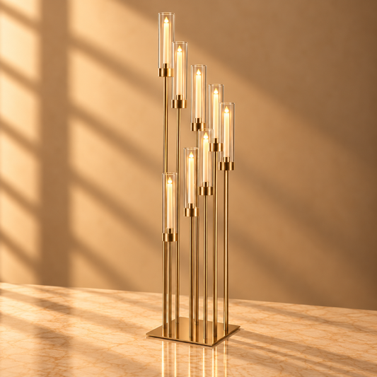 Modern Gold 8-Light Pillar Candelabra – Multi-Level Cluster Candle Centerpiece - CT05