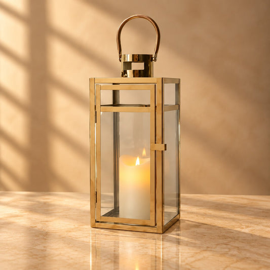 Gold Glass Pillar Lantern – Modern Metal Hurricane Candle Holder with Rose Gold Finish - L08