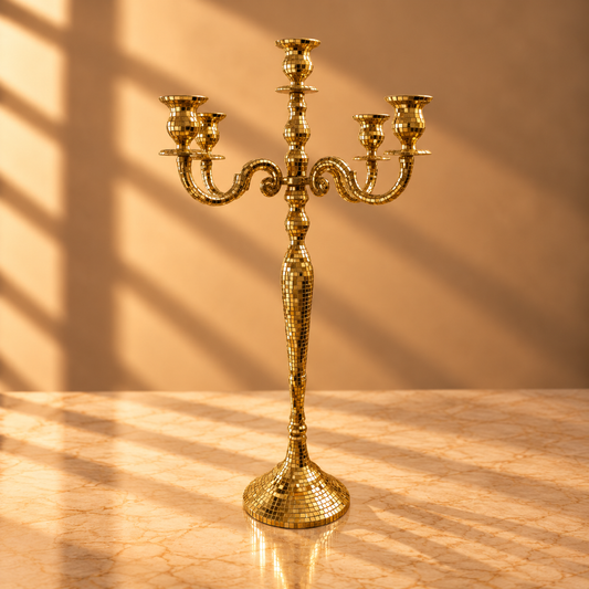 Gold Mosaic Candelabra – 5-Light Glamorous Glass Mirror Inlay Centerpiece - CT02