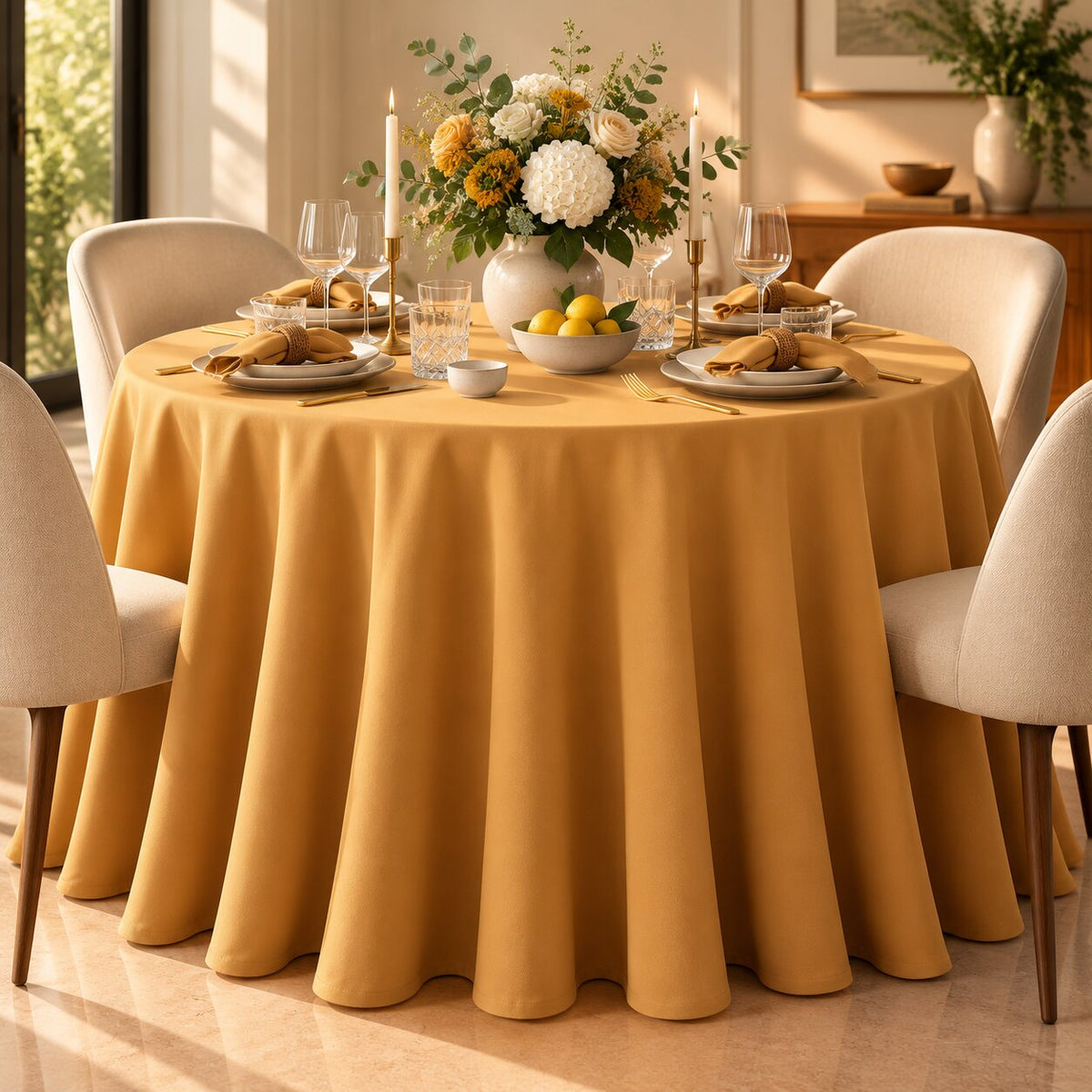 Mustard Yellow Plain Round Tablecloth – Luxury Draped Dining Linen - L13