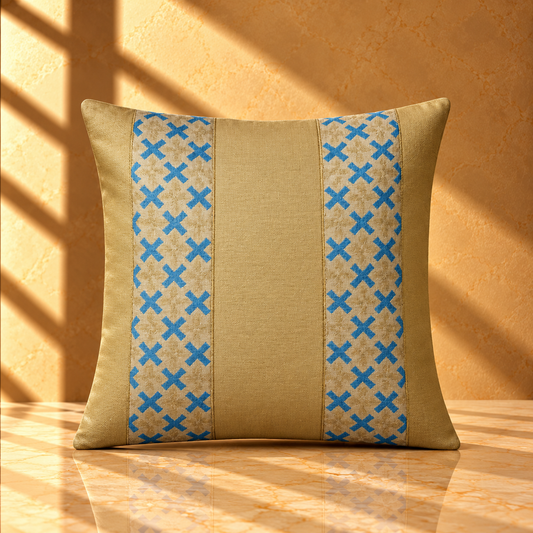 Gold and Blue Geometric Cushion Covers – Luxury Embroidered Cross Pattern Pillows - CU05