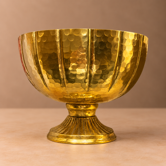 Hammered Brass Bowl – Large Pedestal Centerpiece with Ribbed Detail - U02