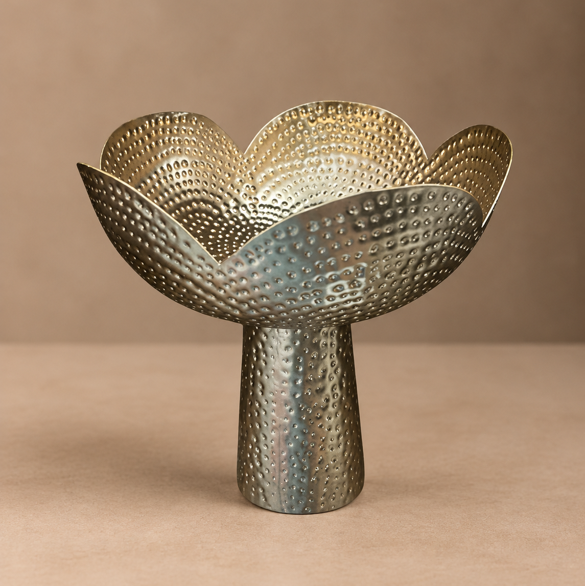 Hammered Lotus Bowl – Scalloped Petal Centerpiece with Tapered Pedestal Base - U16