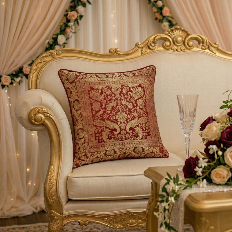 Imperial Red Brocade Cushion Covers – Luxury Gold Silk-Style Ornamental Pillows - CU13
