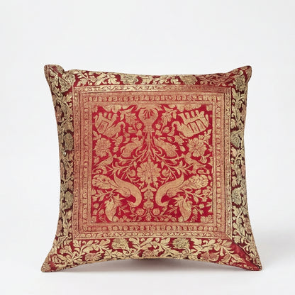 Imperial Red Brocade Cushion Covers – Luxury Gold Silk-Style Ornamental Pillows - CU13