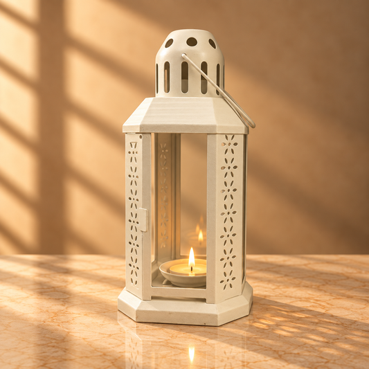 Cream Metal Lantern – Hexagonal Floral Cut-Out Decorative Votive Candle Holder - L06