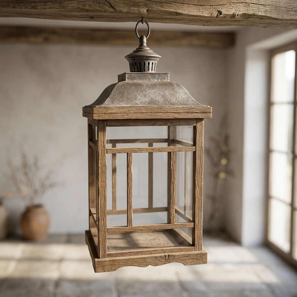 Rustic Wooden Lantern with Metal Top – Mission Style Decorative Candle Holder - L01