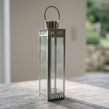 Large Silver Metal Lantern – Slim Modern Stainless Steel Hurricane Candle Holder - L03
