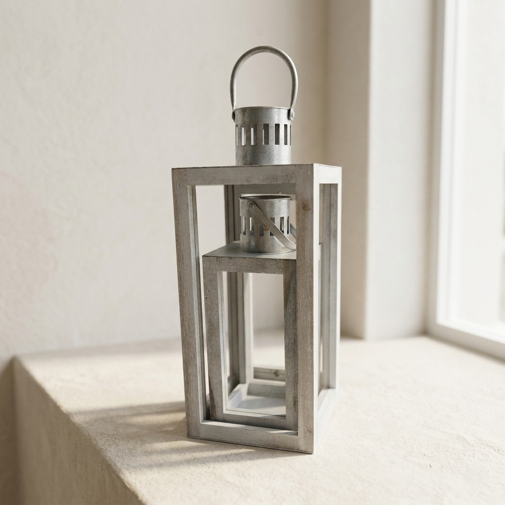 Whitewashed Wooden Lantern Set – Shabby Chic Coastal Nesting Candle Holders - L04