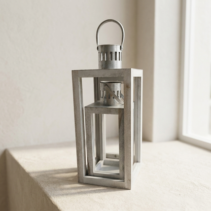 Whitewashed Wooden Lantern Set – Shabby Chic Coastal Nesting Candle Holders - L04