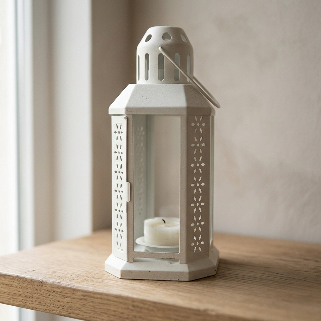 Cream Metal Lantern – Hexagonal Floral Cut-Out Decorative Votive Candle Holder - L06