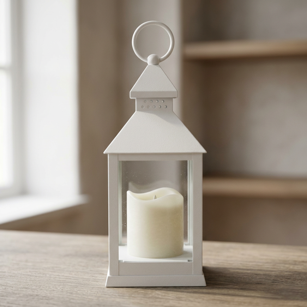 White LED Lantern with Flameless Candle – Battery Operated Decorative Lantern for Indoor Use - L07