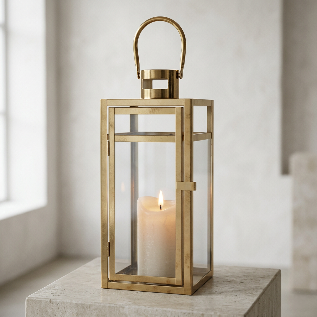 Gold Glass Pillar Lantern – Modern Metal Hurricane Candle Holder with Rose Gold Finish - L08