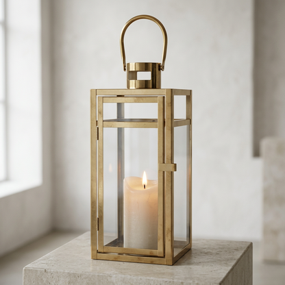 Gold Glass Pillar Lantern – Modern Metal Hurricane Candle Holder with Rose Gold Finish - L08