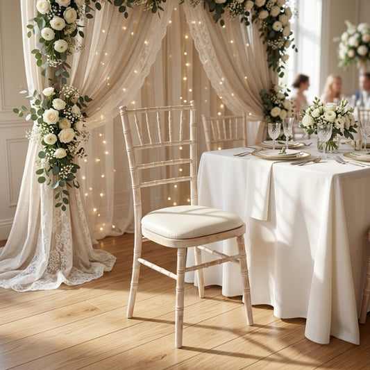 Limewash Chiavari Chair – Rustic Beechwood Wedding Chair with Padded Seat - C06