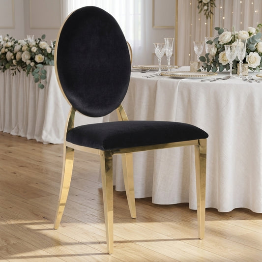 Black Velvet Louis Chair – Luxury Gold Stainless Steel Dining Chair with Padded Oval Back - C04
