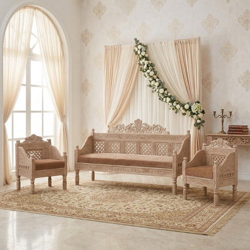 Luxury Hand-Carved Wooden Sofa Set – 3-Piece Traditional Artisan Bench & Armchairs