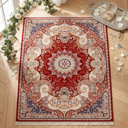 Luxury Oriental Medallion Rug – Crimson & Ivory Intricate Floral Area Carpet - CU02