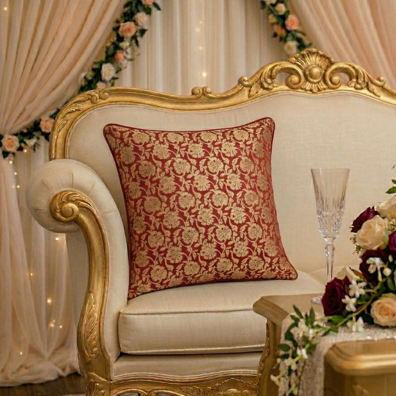 Luxury Red Brocade Cushion Covers – Gold Floral Damask Pillows - CU12