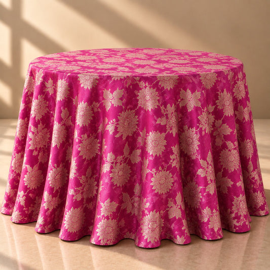 Magenta Pink Floral Jacquard Round Tablecloth – Luxury Patterned Dining Linen - L14