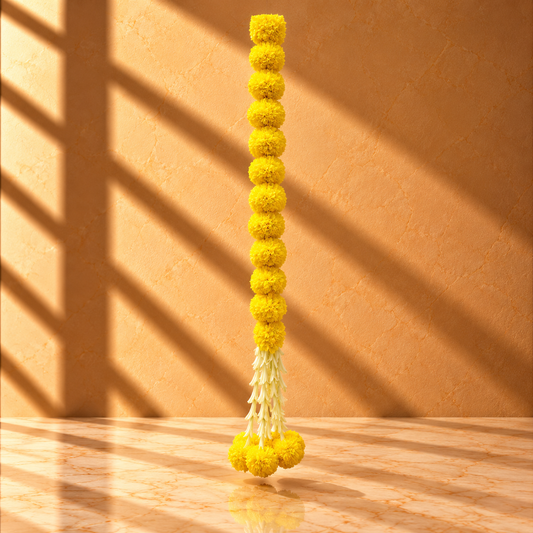 Yellow Marigold Garland with Tassel - Artificial Genda Phool for Haldi & Diwali Decor - T02