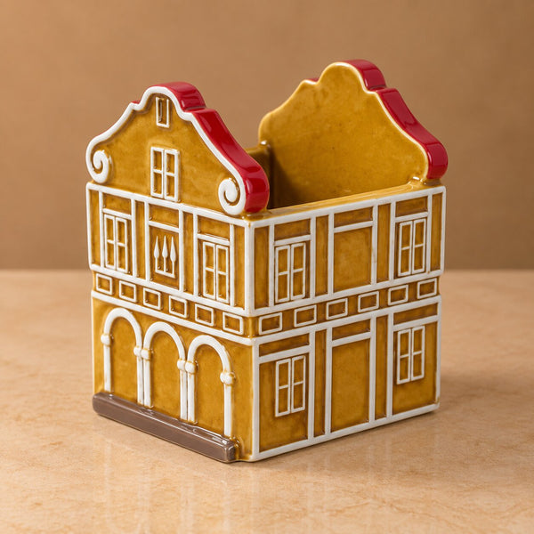Yellow Vintage House Planter - Hand-Painted Ceramic Facade Pot for Herbs & Whimsical Home Decor - T18