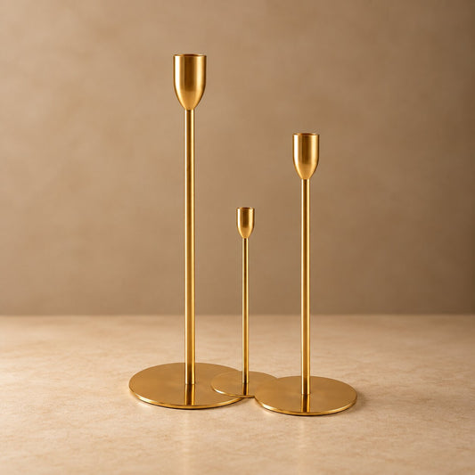 Nordic Gold Taper Candle Holder Set – 3-Piece Minimalist Slim Candlestick Stands - CT08