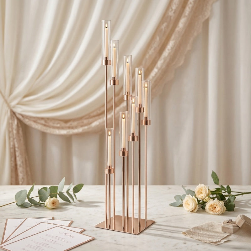 Modern Gold 8-Light Pillar Candelabra – Multi-Level Cluster Candle Centerpiece - CT05
