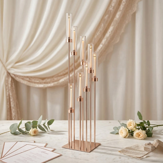 Modern Gold 8-Light Pillar Candelabra – Multi-Level Cluster Candle Centerpiece - CT05