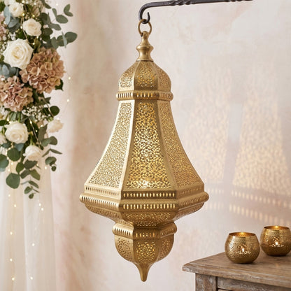 Moroccan Brass Lantern – Hand-Pierced Pendant Light for Exotic Home Decor - L02