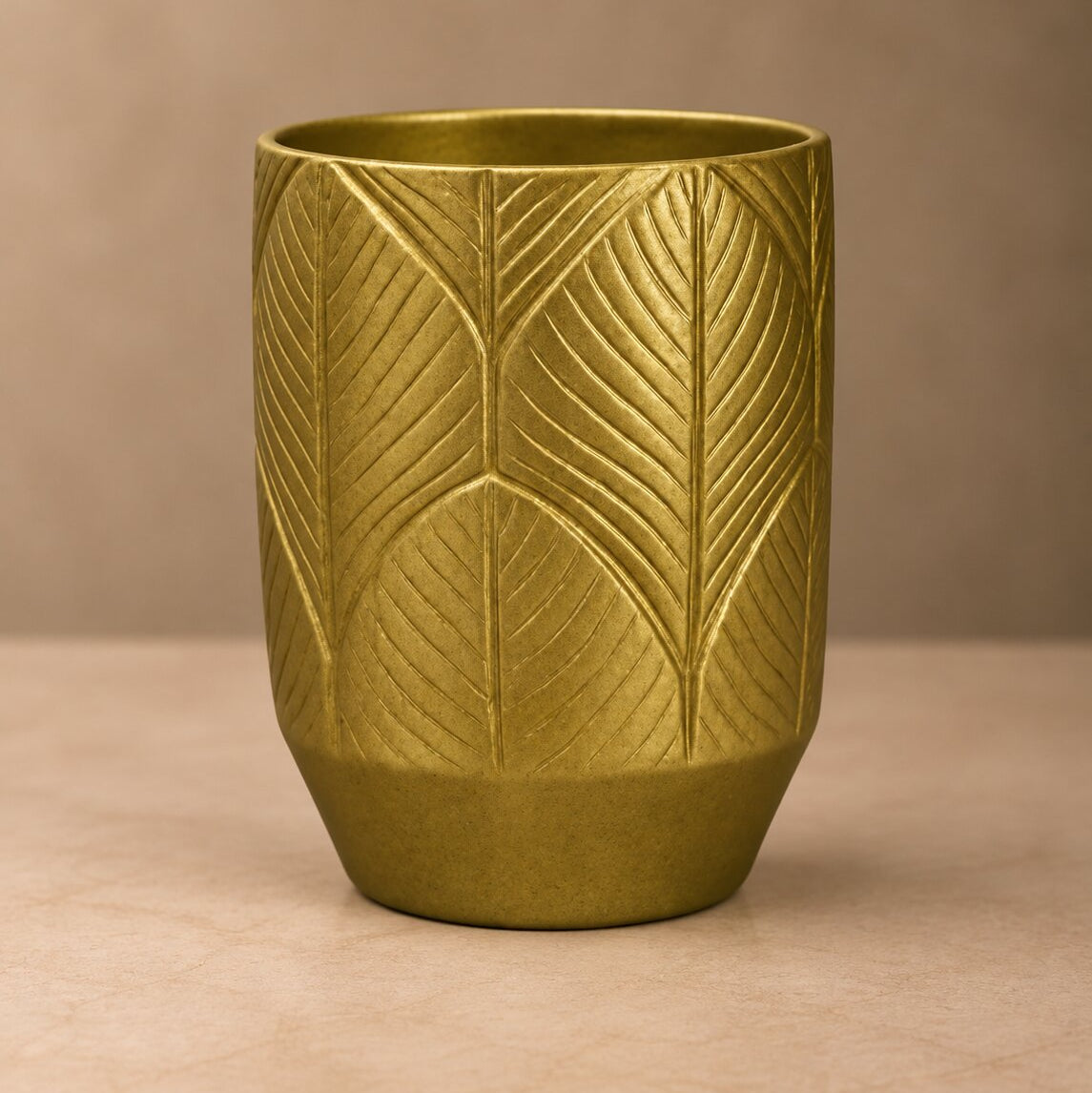 Feather Embossed Gold Vase – Modern Cylindrical Vessel with Botanical Relief Texture - U13