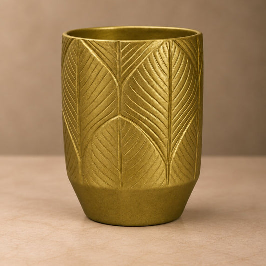 Feather Embossed Gold Vase – Modern Cylindrical Vessel with Botanical Relief Texture - U13