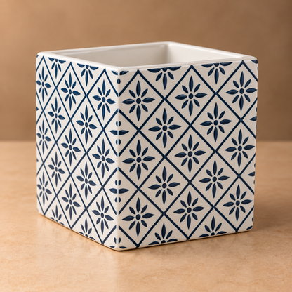 Indigo Star Moroccan Planter – Blue Geometric Patterned Ceramic Square Pot - CV03