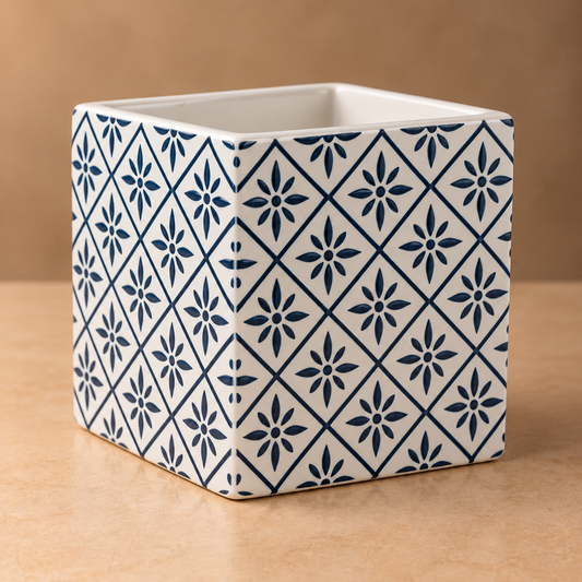 Indigo Star Moroccan Planter – Blue Geometric Patterned Ceramic Square Pot - CV03