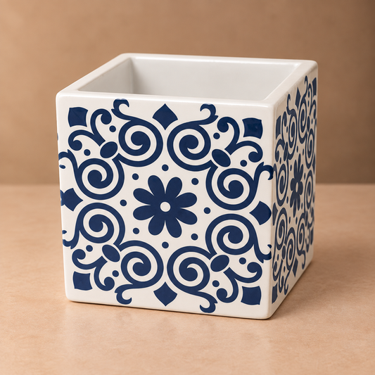 Indigo Scroll Moroccan Planter – Cobalt Blue Curlicue Patterned Ceramic Square Pot - CV04